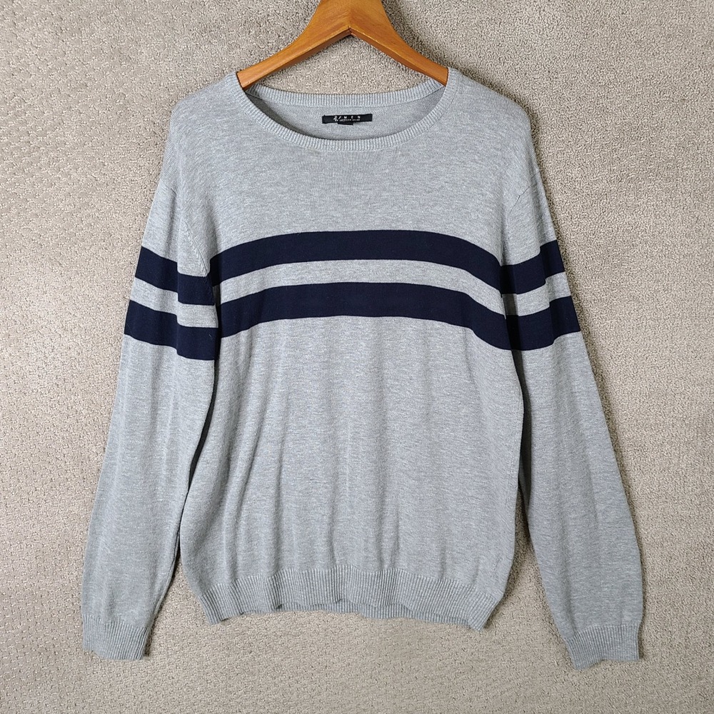 21 MEN Sweater Mens L Gray Blue Stripe Knit‎ Long Sleeve Crew Neck Cotton